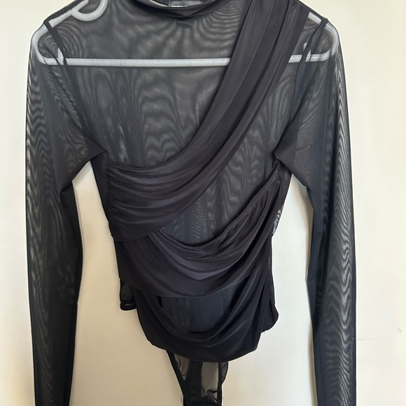 PLT: Black Mesh Drape Front High Neck Long Sleeve Bodysuit - Picture 4 of 5
